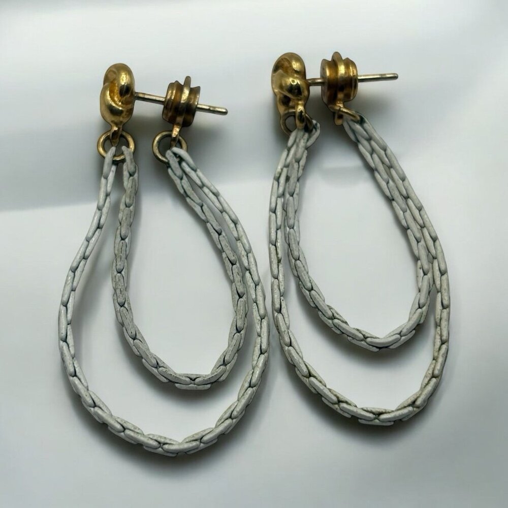 VTG Monet Earrings White Enamel Serpentine Chain Dangle Hoop Gold Tone Pierced